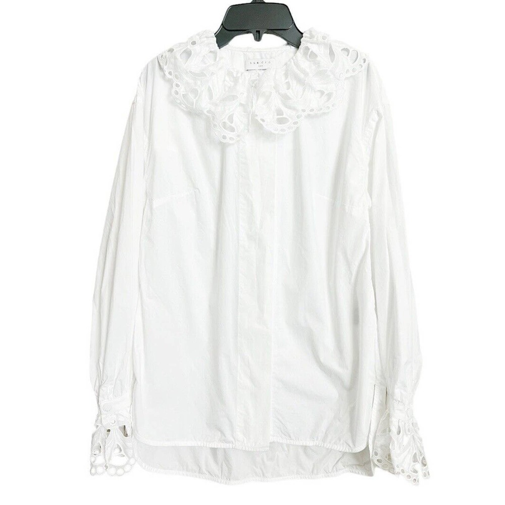 SANDRO *Read* Lineaire Shirt Button Up Cut Out Collar White Long Slv Sz 1 US S